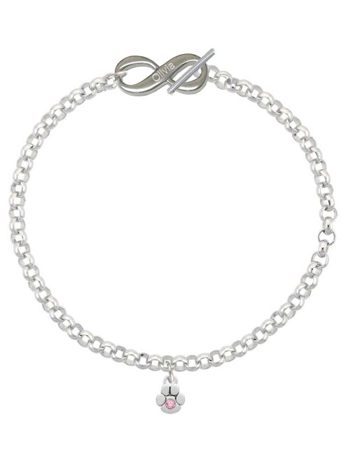 Silver Plated Mini Paw with Pink Crystal - Custom Engraved Infinity Toggle Bracelet: Personalized Jewelry Gift - Names, Initials, Dates, Bible Verses