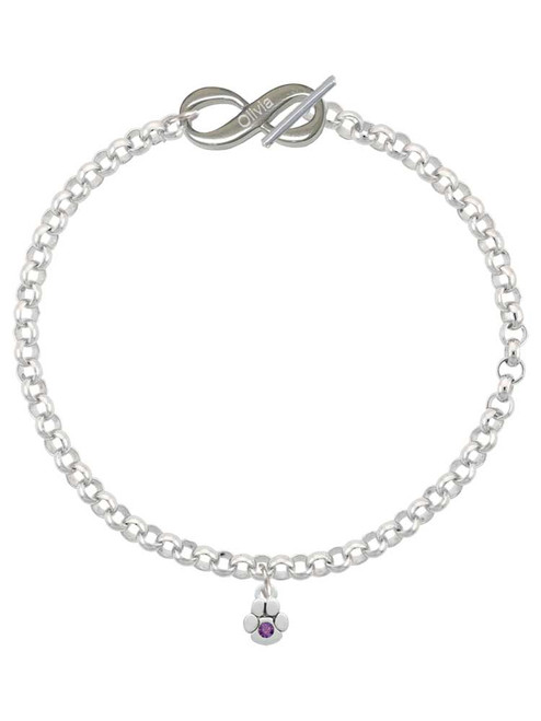 Silver Plated Mini Paw with Purple Crystal - Custom Engraved Infinity Toggle Bracelet: Personalized Jewelry Gift - Names, Initials, Dates, Bible Verses