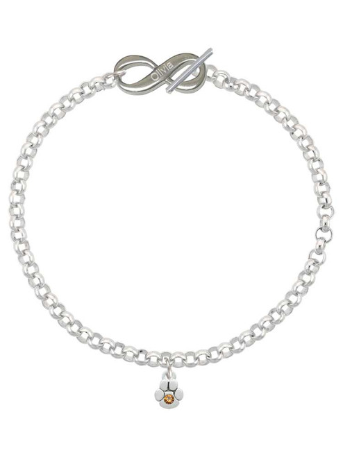Silver Plated Mini Paw with Yellow Crystal - Custom Engraved Infinity Toggle Bracelet: Personalized Jewelry Gift - Names, Initials, Dates, Bible Verses