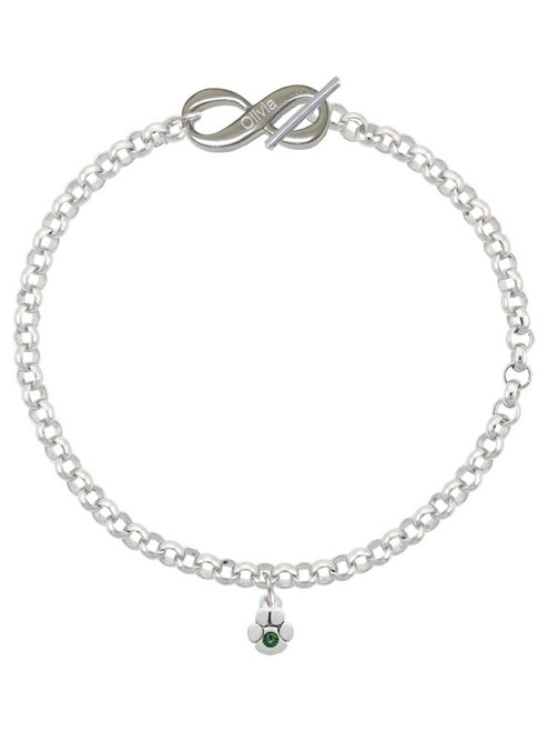 Silver Plated Mini Paw with Green Crystal - Custom Engraved Infinity Toggle Bracelet: Personalized Jewelry Gift - Names, Initials, Dates, Bible Verses