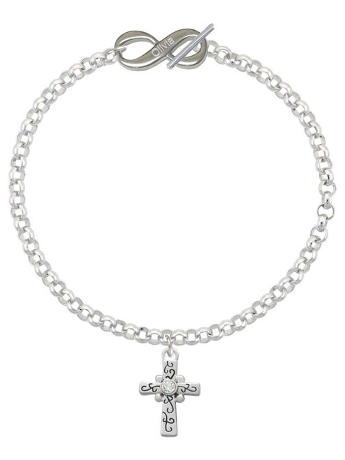Silver Plated Scroll Cross with Clear Crystal - Custom Engraved Infinity Toggle Bracelet: Personalized Jewelry Gift - Names, Initials, Dates, Bible Verses