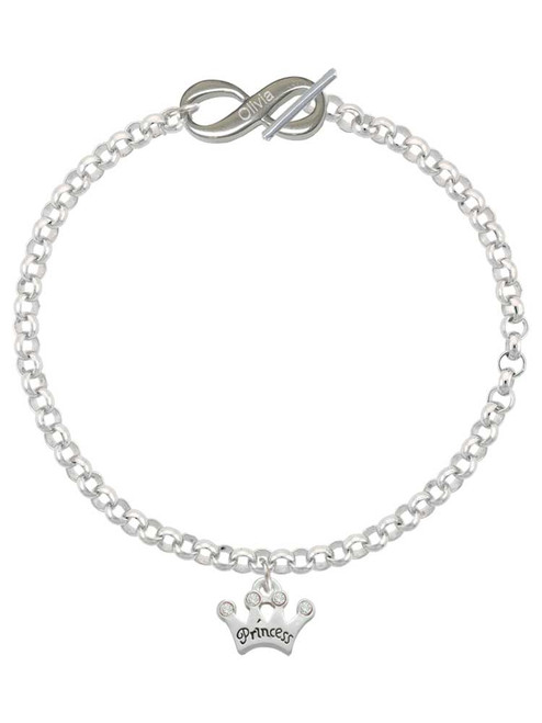 Silver Plated Small ''Princess'' Crown with Clear Crystals - Custom Engraved Infinity Toggle Bracelet: Personalized Jewelry Gift - Names, Initials, Dates, Bible Verses