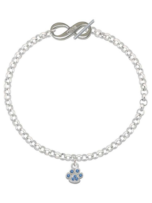 Silver Plated Mini Paw with Blue Crystals - Custom Engraved Infinity Toggle Bracelet: Personalized Jewelry Gift - Names, Initials, Dates, Bible Verses