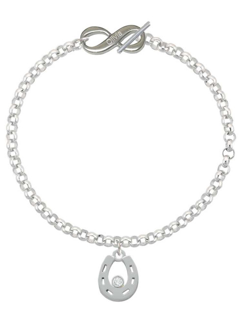 Silver Plated Horseshoe with Clear Crystal - Custom Engraved Infinity Toggle Bracelet: Personalized Jewelry Gift - Names, Initials, Dates, Bible Verses
