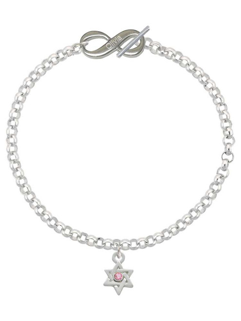 Silver Plated Mini Star of David with Pink Crystal - Custom Engraved Infinity Toggle Bracelet: Personalized Jewelry Gift - Names, Initials, Dates, Bible Verses