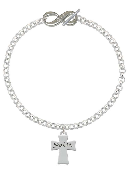 Silver Plated Faith Flat Cross - Custom Engraved Infinity Toggle Bracelet: Personalized Jewelry Gift - Names, Initials, Dates, Bible Verses