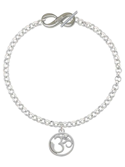 Silver Plated Om in Circle with Clear Crystal - Custom Engraved Infinity Toggle Bracelet: Personalized Jewelry Gift - Names, Initials, Dates, Bible Verses