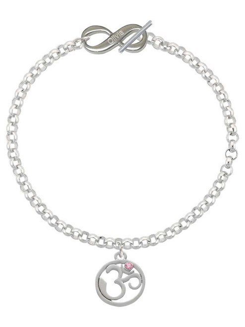 Silver Plated Om in Circle with Pink Crystal - Custom Engraved Infinity Toggle Bracelet: Personalized Jewelry Gift - Names, Initials, Dates, Bible Verses