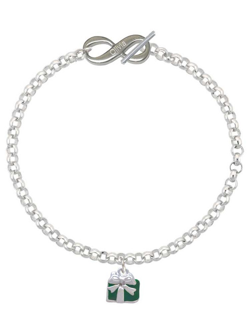 Silver Plated Small Green Enamel Present - Custom Engraved Infinity Toggle Bracelet: Personalized Jewelry Gift - Names, Initials, Dates, Bible Verses