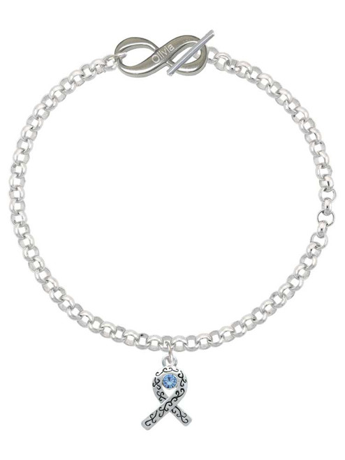 Silver Plated Scroll Ribbon with Light Blue Crystal - Custom Engraved Infinity Toggle Bracelet: Personalized Jewelry Gift - Names, Initials, Dates, Bible Verses
