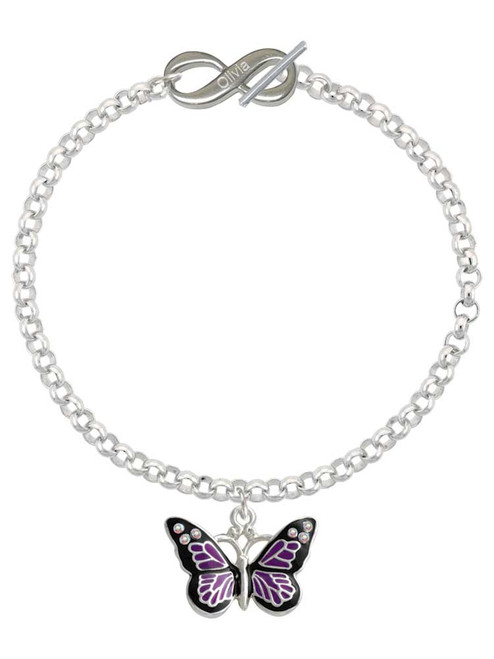 Silver Plated Large Purple Butterfly with 6 AB Crystals - Custom Engraved Infinity Toggle Bracelet: Personalized Jewelry Gift - Names, Initials, Dates, Bible Verses