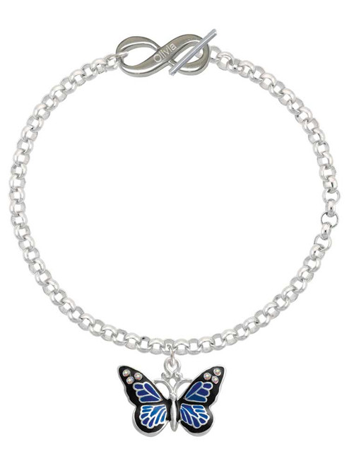 Silver Plated Large Blue Butterfly with 6 AB Crystals - Custom Engraved Infinity Toggle Bracelet: Personalized Jewelry Gift - Names, Initials, Dates, Bible Verses