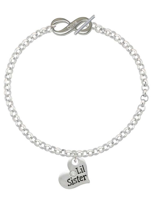 Silver Plated Large ''Lil Sister'' Heart with Clear Crystal - Custom Engraved Infinity Toggle Bracelet: Personalized Jewelry Gift - Names, Initials, Dates, Bible Verses