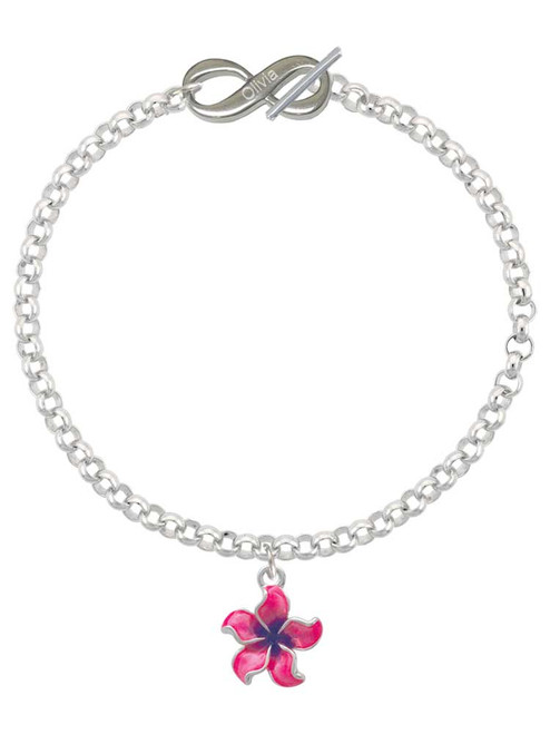 Silver Plated Hot Pink and Purple Plumeria Flower - Custom Engraved Infinity Toggle Bracelet: Personalized Jewelry Gift - Names, Initials, Dates, Bible Verses