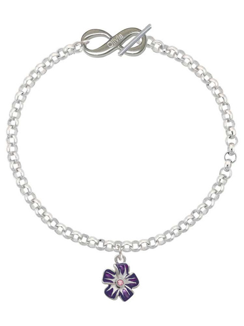 Silver Plated Purple and White African Violet Flower - Custom Engraved Infinity Toggle Bracelet: Personalized Jewelry Gift - Names, Initials, Dates, Bible Verses