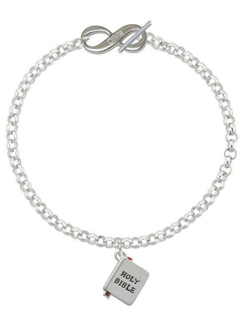 Silver Plated Bible with Cross - Custom Engraved Infinity Toggle Bracelet: Personalized Jewelry Gift - Names, Initials, Dates, Bible Verses