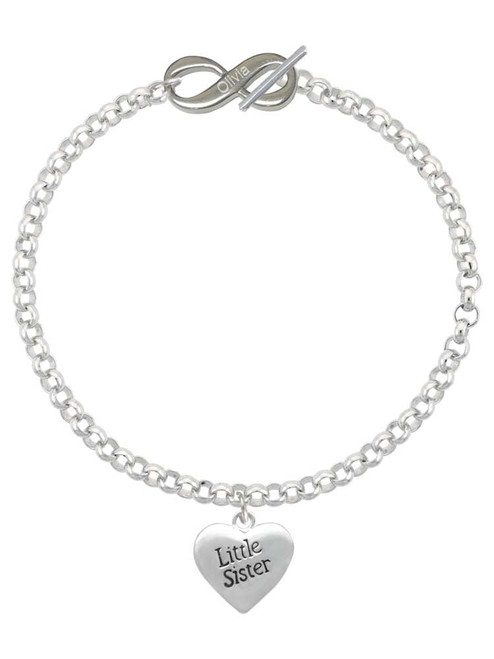 Silver Plated 3-D Little Sister Heart - Custom Engraved Infinity Toggle Bracelet: Personalized Jewelry Gift - Names, Initials, Dates, Bible Verses