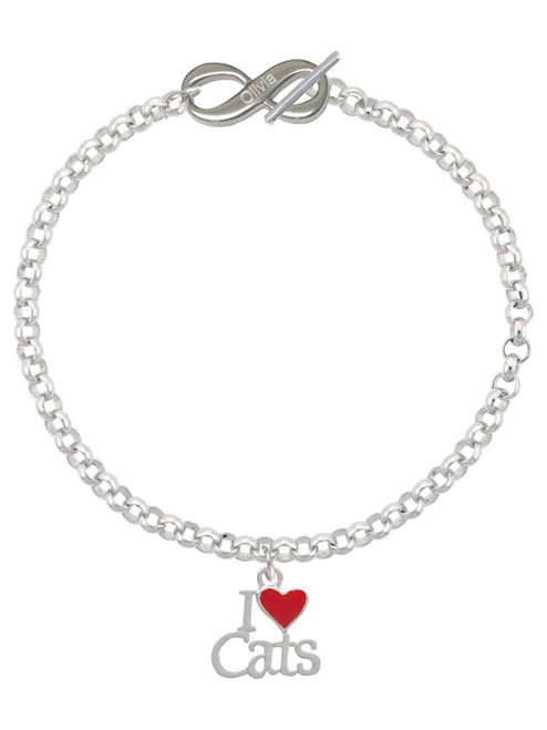 Silver Plated I Love Cats with Red Heart - Custom Engraved Infinity Toggle Bracelet: Personalized Jewelry Gift - Names, Initials, Dates, Bible Verses