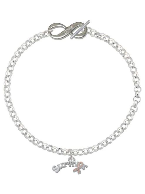 Silver Plated Survivor with Pink Ribbon - Custom Engraved Infinity Toggle Bracelet: Personalized Jewelry Gift - Names, Initials, Dates, Bible Verses