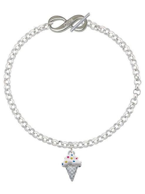Silver Plated 2-D Vanilla Ice Cream Cone with Sprinkles - Custom Engraved Infinity Toggle Bracelet: Personalized Jewelry Gift - Names, Initials, Dates, Bible Verses