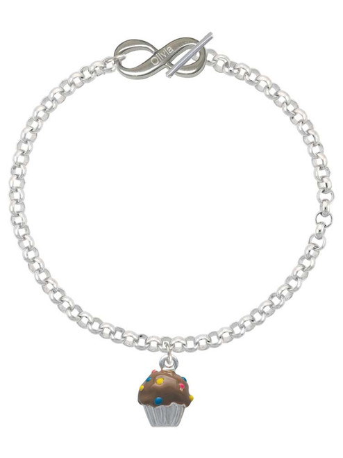 Silver Plated 3-D Chocolate Cupcake with Sprinkles - Custom Engraved Infinity Toggle Bracelet: Personalized Jewelry Gift - Names, Initials, Dates, Bible Verses