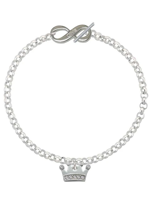 Silver Plated Crown with Clear Crystals - Custom Engraved Infinity Toggle Bracelet: Personalized Jewelry Gift - Names, Initials, Dates, Bible Verses