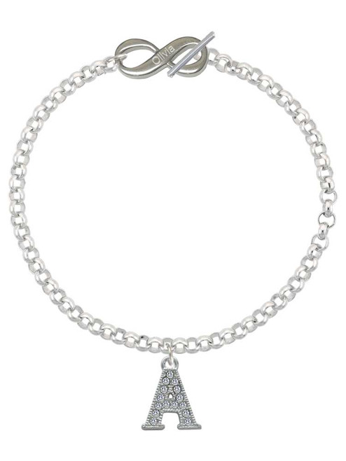 Silver Plated Crystal Initial - A - Custom Engraved Infinity Toggle Bracelet: Personalized Jewelry Gift - Names, Initials, Dates, Bible Verses
