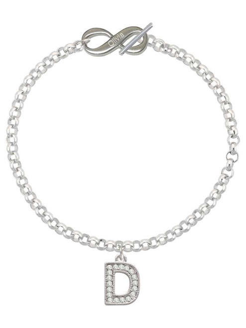Silver Plated Crystal Initial - D - Custom Engraved Infinity Toggle Bracelet: Personalized Jewelry Gift - Names, Initials, Dates, Bible Verses
