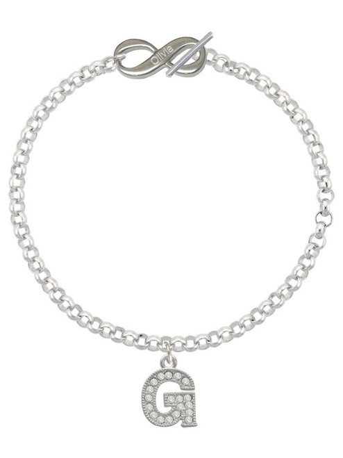 Silver Plated Crystal Initial - G - Custom Engraved Infinity Toggle Bracelet: Personalized Jewelry Gift - Names, Initials, Dates, Bible Verses