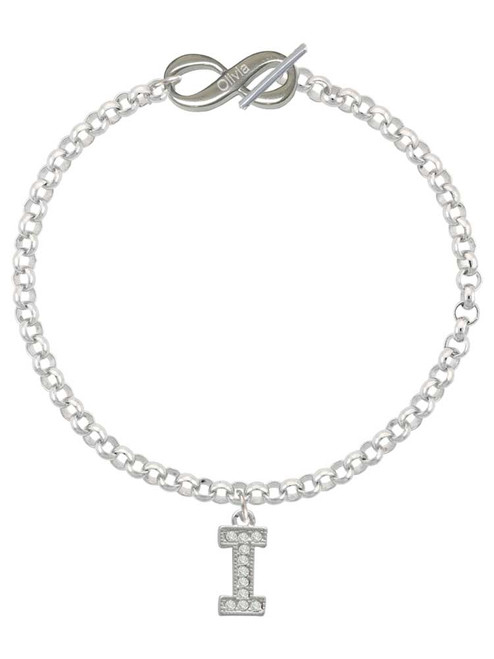 Silver Plated Crystal Initial - I - Custom Engraved Infinity Toggle Bracelet: Personalized Jewelry Gift - Names, Initials, Dates, Bible Verses