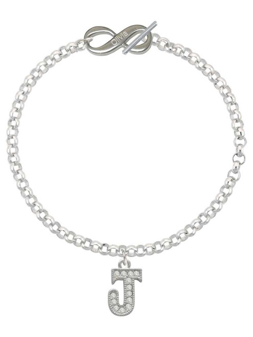 Silver Plated Crystal Initial - J - Custom Engraved Infinity Toggle Bracelet: Personalized Jewelry Gift - Names, Initials, Dates, Bible Verses
