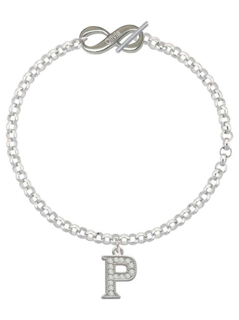 Silver Plated Crystal Initial - P - Custom Engraved Infinity Toggle Bracelet: Personalized Jewelry Gift - Names, Initials, Dates, Bible Verses