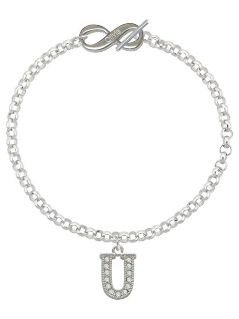 Silver Plated Crystal Initial - U - Custom Engraved Infinity Toggle Bracelet: Personalized Jewelry Gift - Names, Initials, Dates, Bible Verses