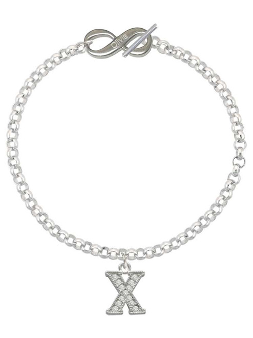 Silver Plated Crystal Initial - X - Custom Engraved Infinity Toggle Bracelet: Personalized Jewelry Gift - Names, Initials, Dates, Bible Verses