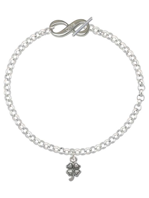 Silver Plated Mini Four Leaf Clover - Custom Engraved Infinity Toggle Bracelet: Personalized Jewelry Gift - Names, Initials, Dates, Bible Verses
