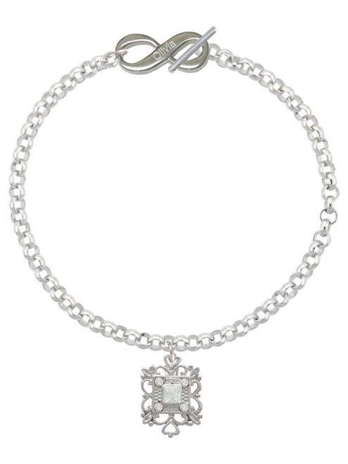 Silver Plated Square AB Crystal with Filigree - Custom Engraved Infinity Toggle Bracelet: Personalized Jewelry Gift - Names, Initials, Dates, Bible Verses
