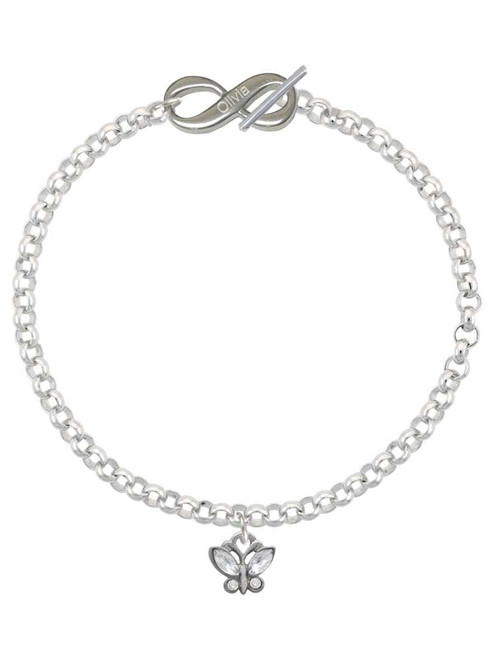 Silver Plated Mini Butterfly with Clear Wings & Crystals - Custom Engraved Infinity Toggle Bracelet: Personalized Jewelry Gift - Names, Initials, Dates, Bible Verses