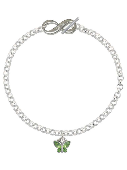 Silver Plated Mini Butterfly with Green Wings & Crystals - Custom Engraved Infinity Toggle Bracelet: Personalized Jewelry Gift - Names, Initials, Dates, Bible Verses