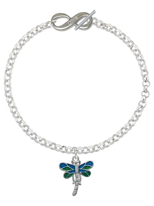 Silver Plated Dragonfly with Green & Blue Wings - Custom Engraved Infinity Toggle Bracelet: Personalized Jewelry Gift - Names, Initials, Dates, Bible Verses
