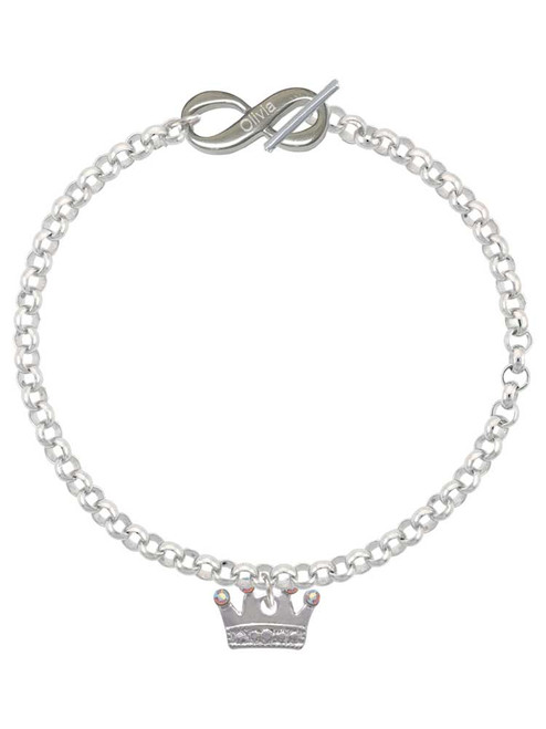 Silver Plated Crown with Crystals and Textured Bottom - Custom Engraved Infinity Toggle Bracelet: Personalized Jewelry Gift - Names, Initials, Dates, Bible Verses