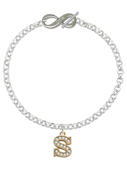 Gold-tone Crystal Initial - S - Custom Engraved Infinity Toggle Bracelet: Personalized Jewelry Gift - Names, Initials, Dates, Bible Verses