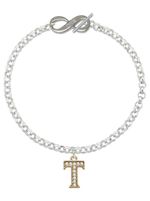 Gold-tone Crystal Initial - T - Custom Engraved Infinity Toggle Bracelet: Personalized Jewelry Gift - Names, Initials, Dates, Bible Verses