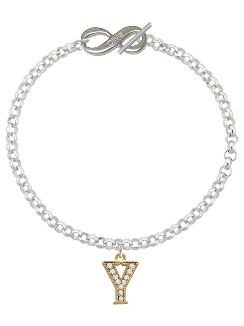 Gold-tone Crystal Initial - Y - Custom Engraved Infinity Toggle Bracelet: Personalized Jewelry Gift - Names, Initials, Dates, Bible Verses