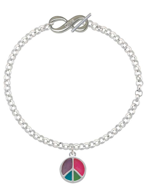 Silver Plated Multicolored Peace Sign - Custom Engraved Infinity Toggle Bracelet: Personalized Jewelry Gift - Names, Initials, Dates, Bible Verses