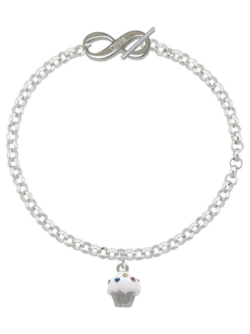 Silver Plated Small White Cupcake with Crystal Sprinkles - Custom Engraved Infinity Toggle Bracelet: Personalized Jewelry Gift - Names, Initials, Dates, Bible Verses