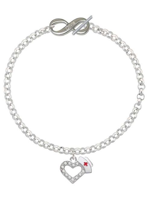 Silver Plated Small Crystal Heart with Nurse Hat - Custom Engraved Infinity Toggle Bracelet: Personalized Jewelry Gift - Names, Initials, Dates, Bible Verses