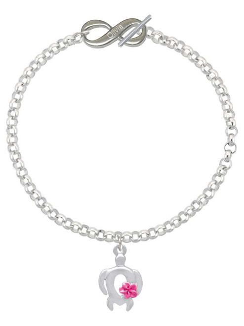 Silver Plated Open Sea Turtle with Hot Pink Plumeria - Custom Engraved Infinity Toggle Bracelet: Personalized Jewelry Gift - Names, Initials, Dates, Bible Verses
