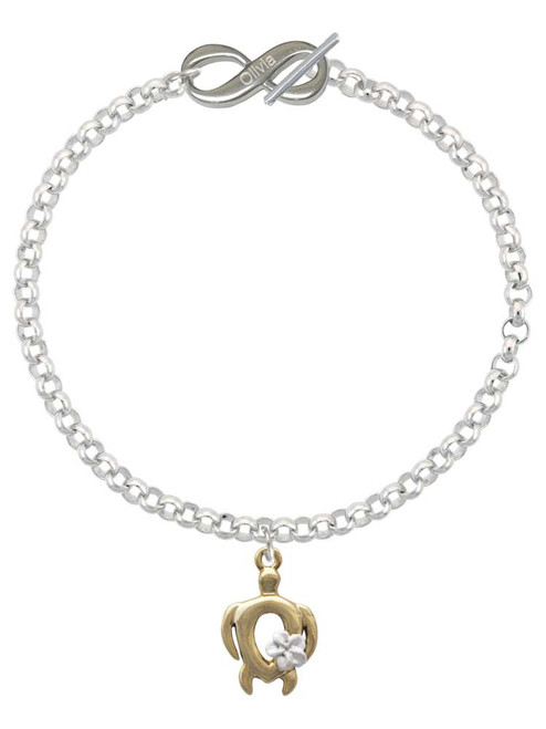 Gold-tone Open Sea Turtle with White Plumeria - Custom Engraved Infinity Toggle Bracelet: Personalized Jewelry Gift - Names, Initials, Dates, Bible Verses