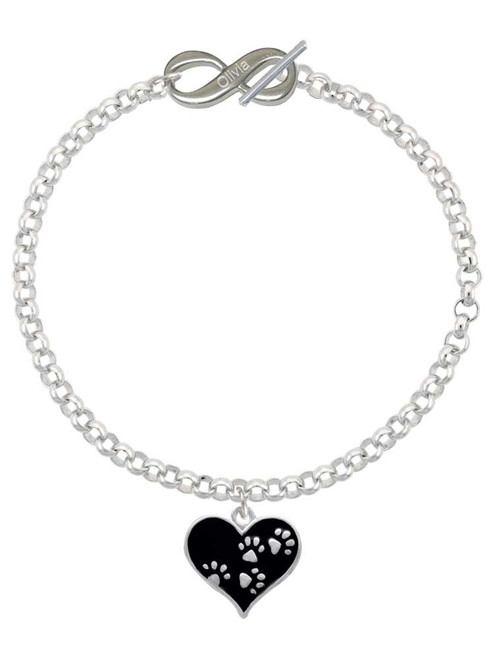 Black Enamel Heart with Paw Prints - Custom Engraved Infinity Toggle Bracelet: Personalized Jewelry Gift - Names, Initials, Dates, Bible Verses