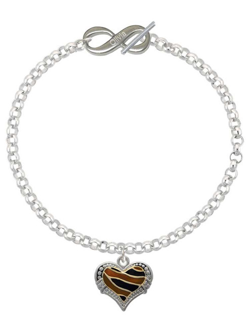 Two-tone Enamel Tiger Print Heart - Custom Engraved Infinity Toggle Bracelet: Personalized Jewelry Gift - Names, Initials, Dates, Bible Verses